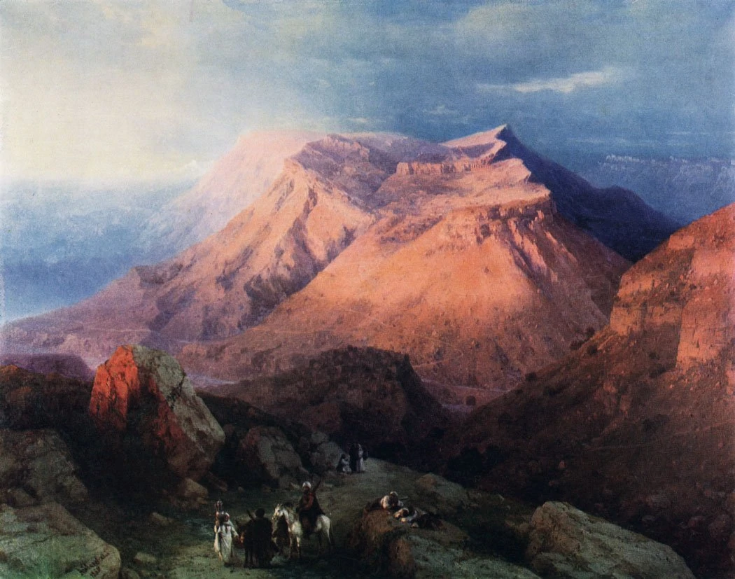 Первая наша остановка была на противоположной стороне ущелья от Гуниба. Мы любовались видом Гуниба, который отобразил на своей картине Айвазовский в 1969 году Первая наша остановка была на противоположной стороне ущелья от Гуниба. Мы любовались видом Гуниба, который отобразил на своей картине Айвазовский в 1969 году